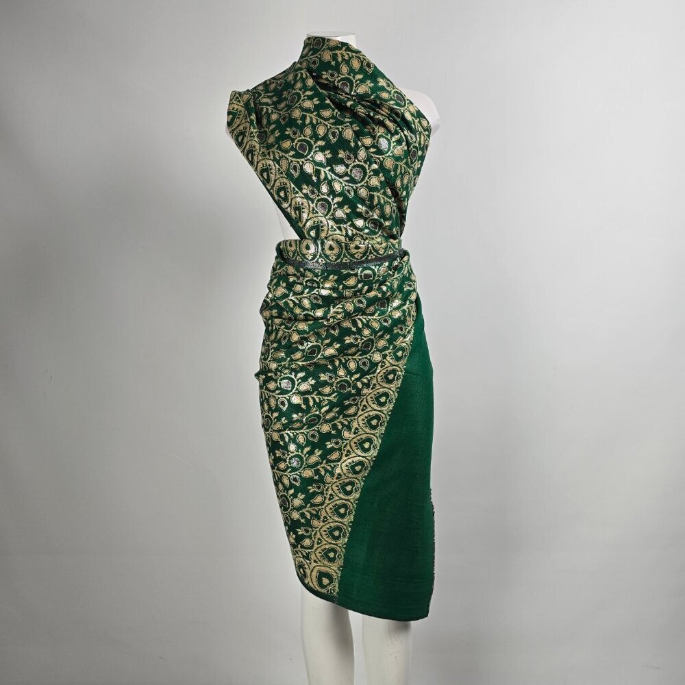 Vintage Kashmiri Embroidery Green & Gold Wrap Scarf Made In India